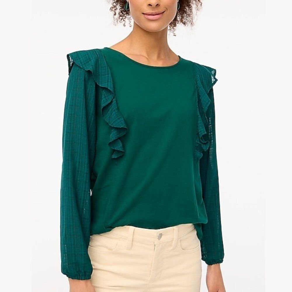 J Crew Women's Ruffle Shoulder Cotton Shirt Plaid Sleeve